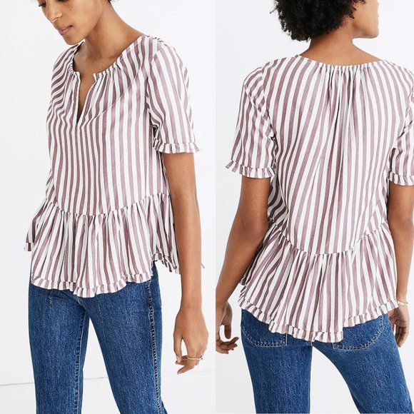 Madewell Tops - Madewell Stanza Ruffle-Hem Top Stripe Print Short Sleeve Blouse Sz S